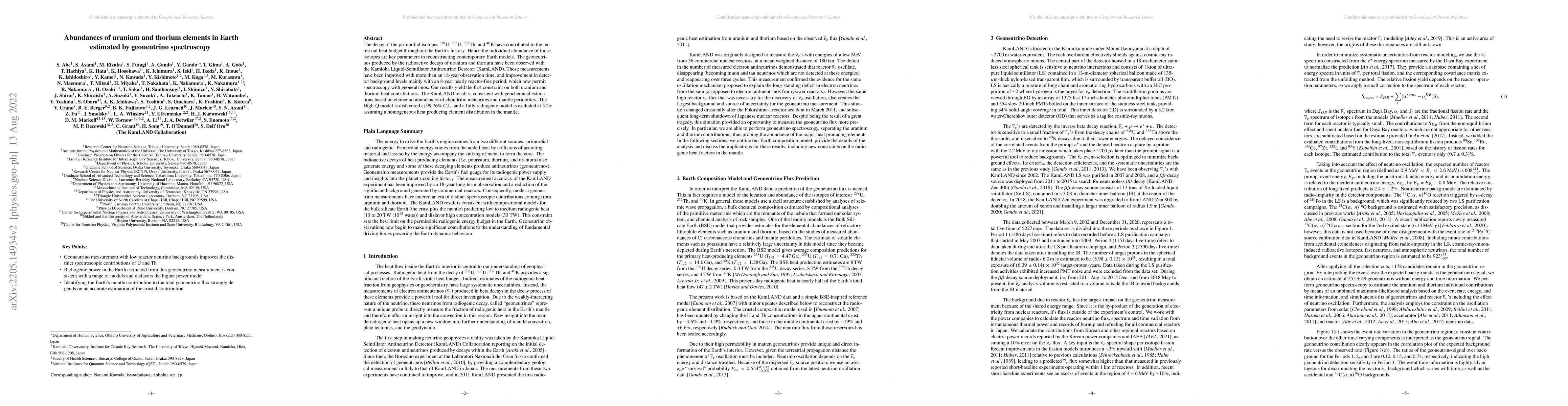 Thumbnail for Abundances of uranium and thorium elements in Earth estimated by
  geoneutrino spectroscopy