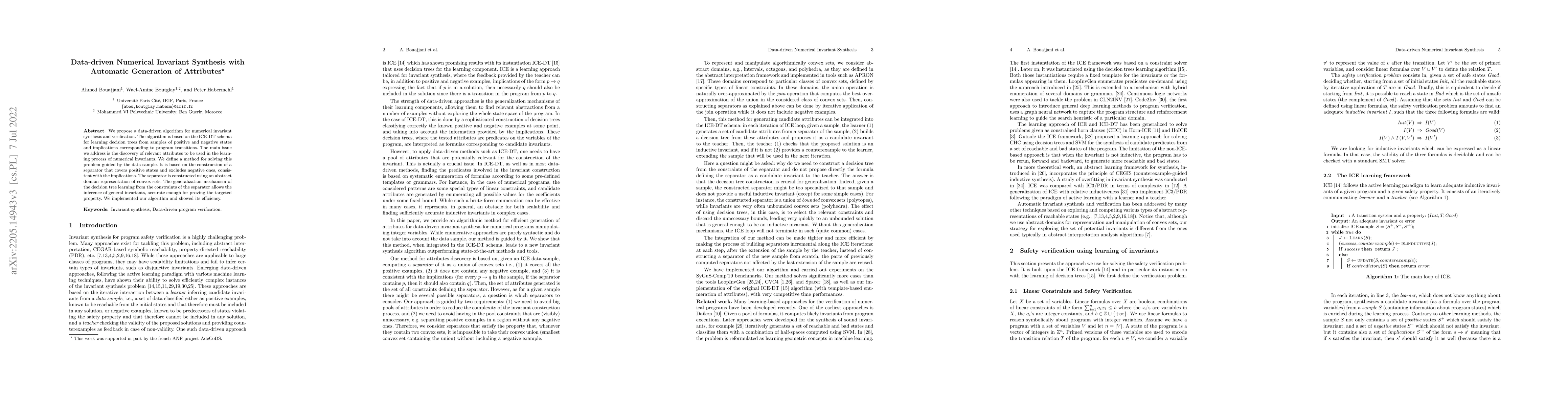 Thumbnail for Data-driven Numerical Invariant Synthesis with Automatic Generation of
  Attributes