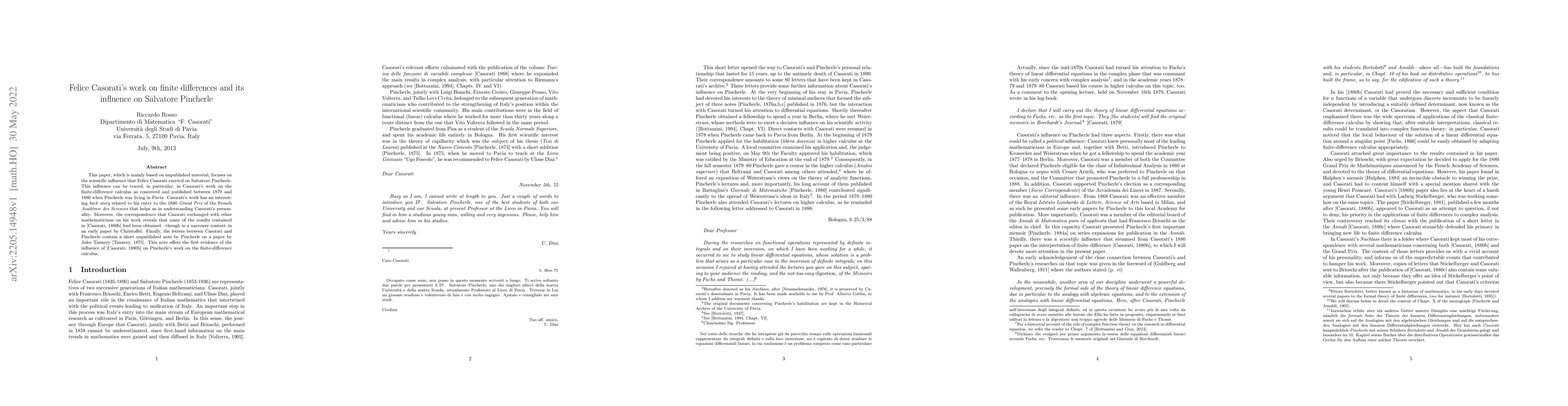 Thumbnail for Felice Casorati's work on finite differences and its influence on
  Salvatore Pincherle
