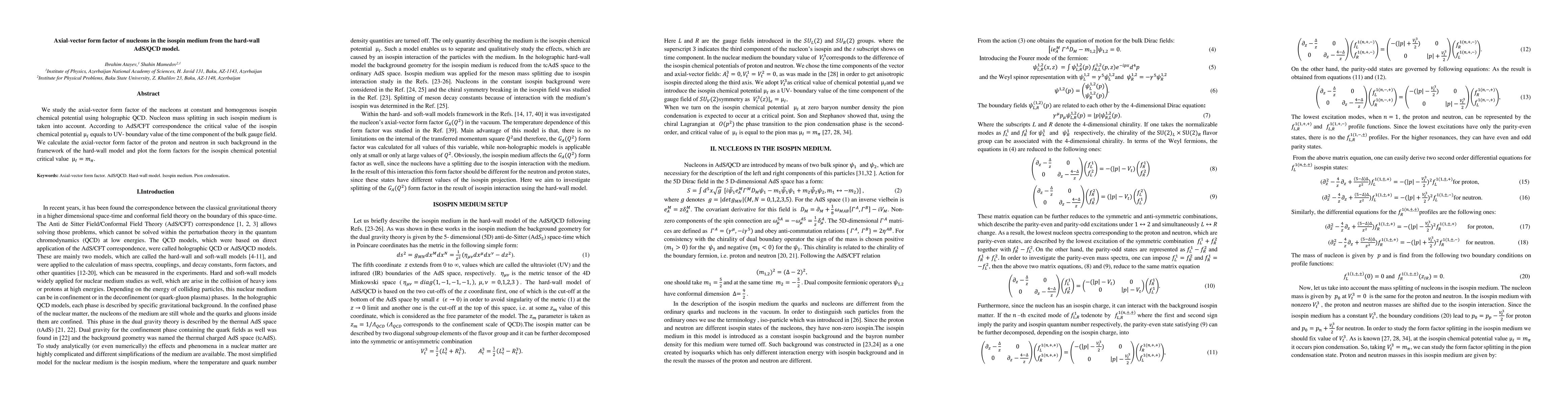 Thumbnail for Axial-vector form factor of nucleons in the isospin medium from the
  hard-wall AdS/QCD model