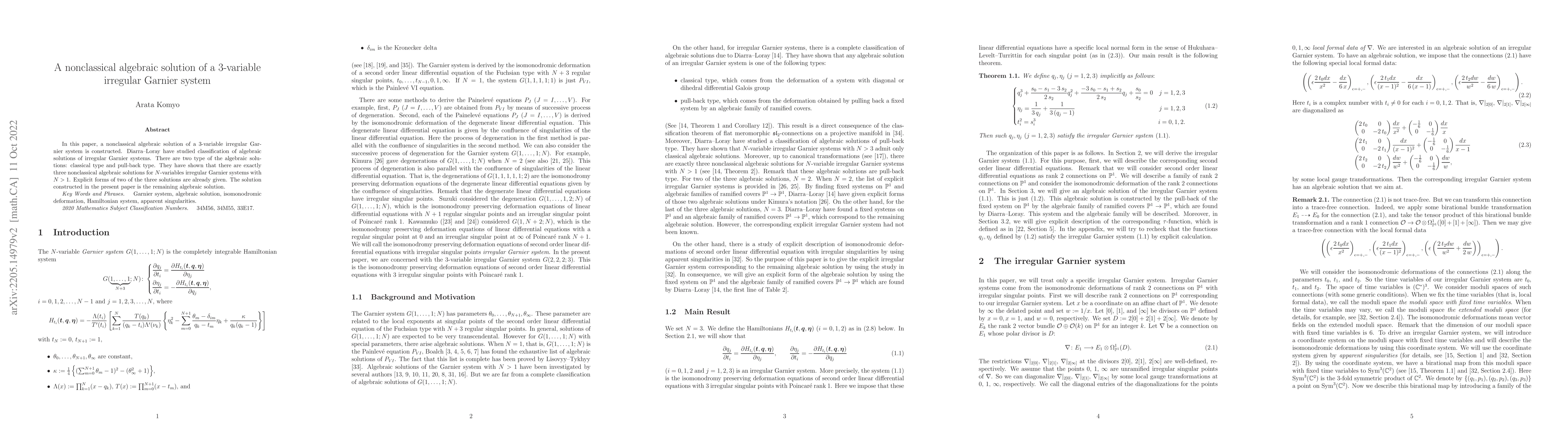 Thumbnail for A nonclassical algebraic solution of a 3-variable irregular Garnier
  system