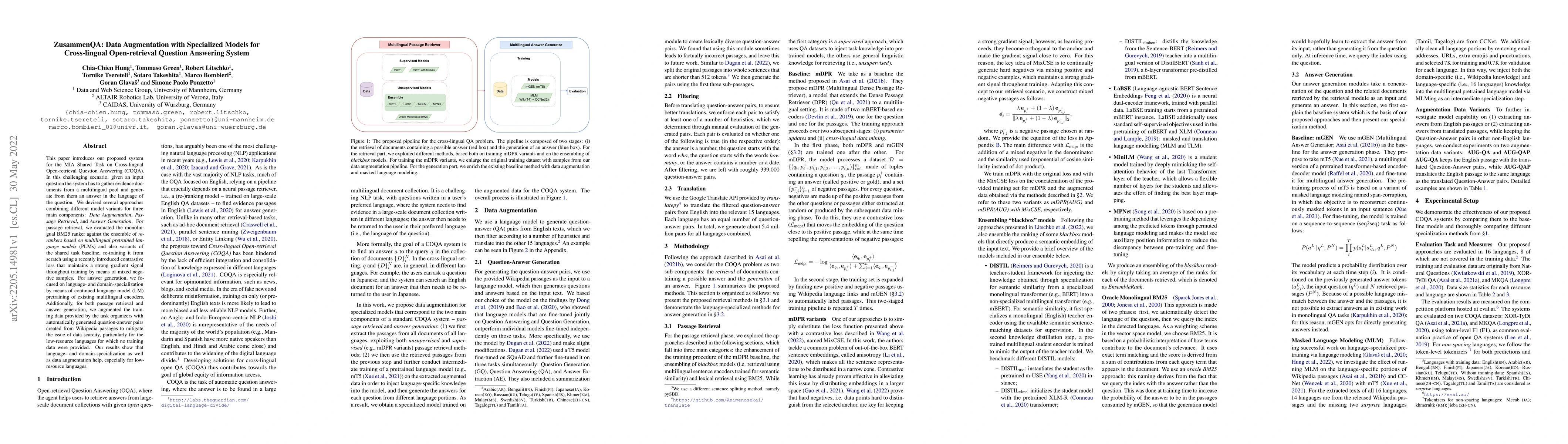 Thumbnail for ZusammenQA: Data Augmentation with Specialized Models for Cross-lingual
  Open-retrieval Question Answering System