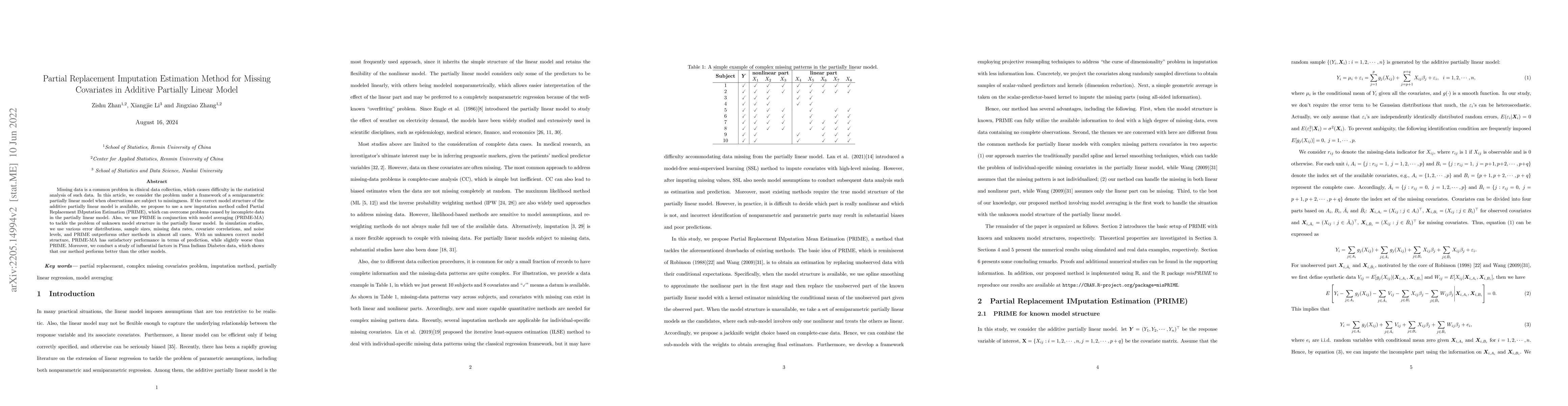 Thumbnail for Partial Replacement Imputation Estimation Method for Complex Missing
  Covariates in Additive Partially Linear Models