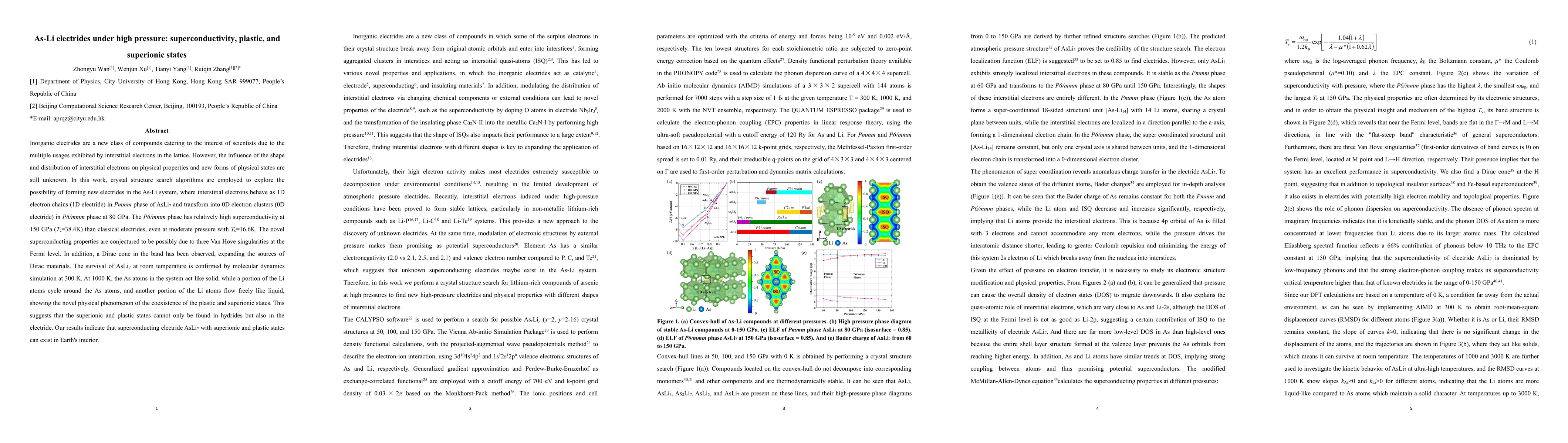 Thumbnail for As-Li electrides under high pressure: superconductivity, plastic, and
  superionic states