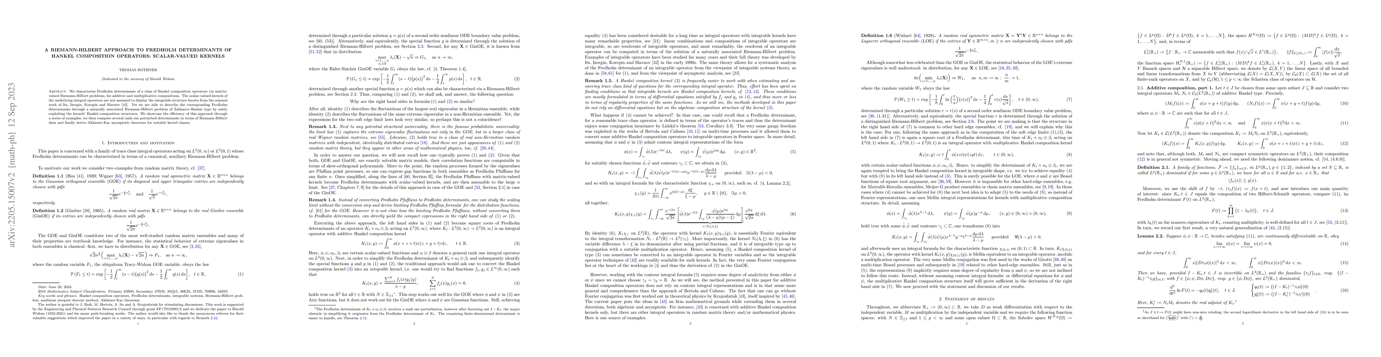 Thumbnail for A Riemann-Hilbert approach to Fredholm determinants of Hankel
  composition operators: scalar-valued kernels