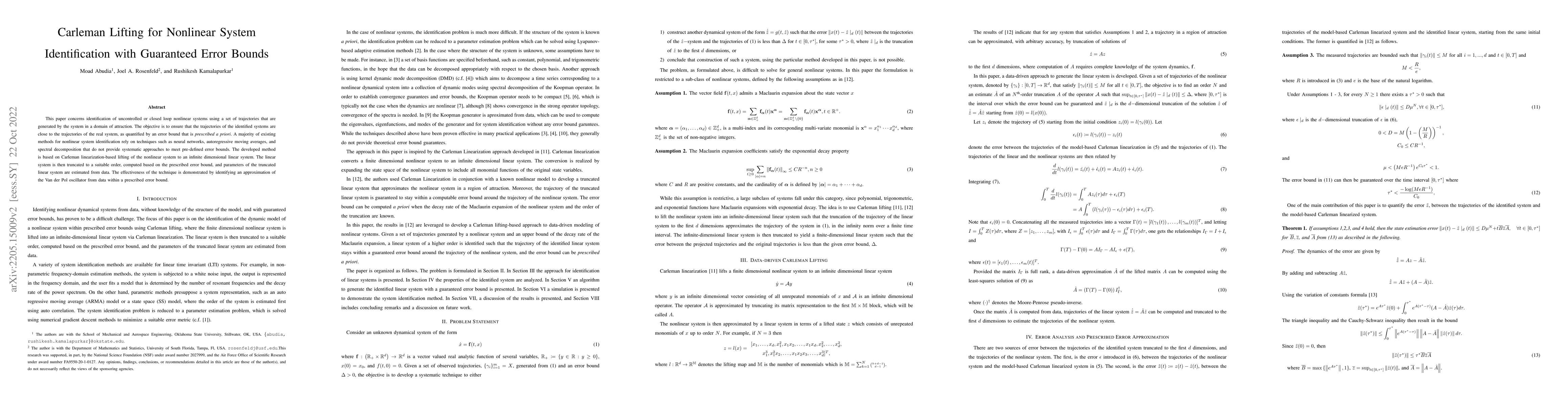 Thumbnail for Carleman Lifting for Nonlinear System Identification with Guaranteed
  Error Bounds