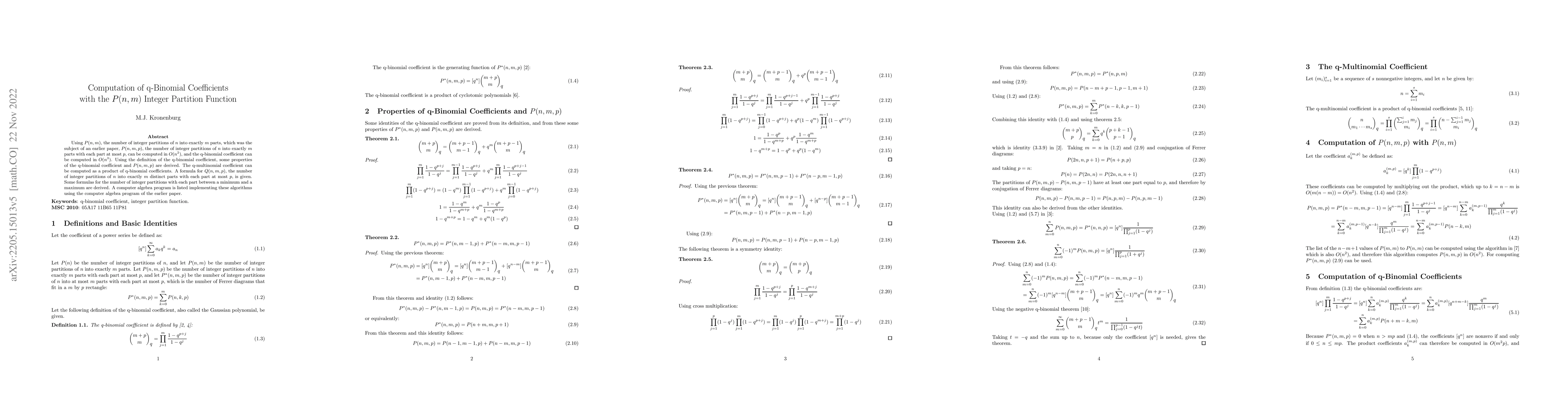 Thumbnail for Computation of q-Binomial Coefficients with the $P(n,m)$ Integer
  Partition Function