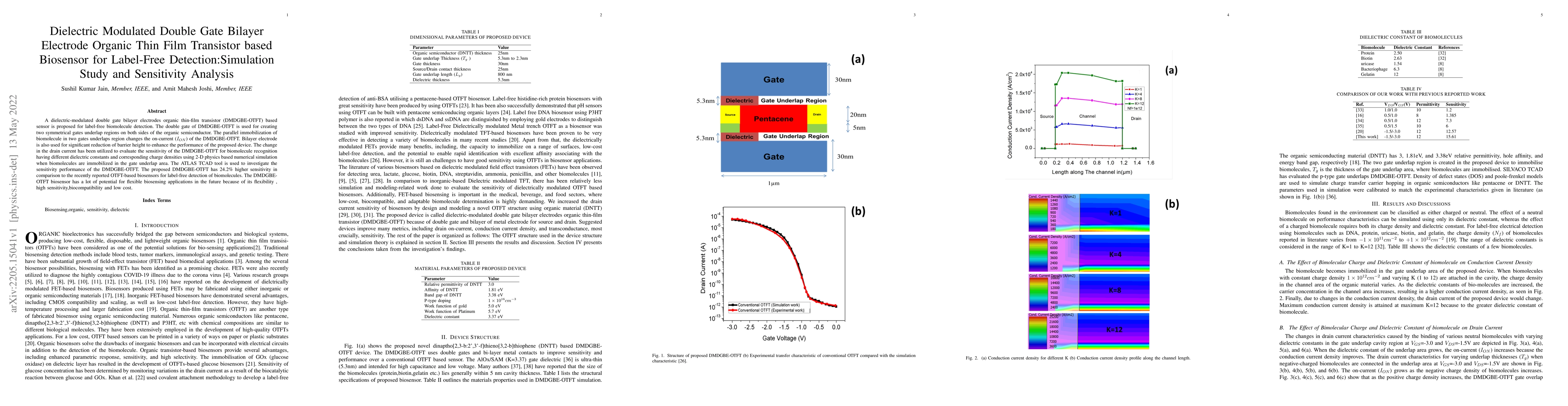 Thumbnail for Dielectric-Modulated Double Gate Bilayer Electrode Organic Thin Film
  Transistor-based Biosensor for Label-Free Detection: Simulation Study and
  Sensitivity Analysis