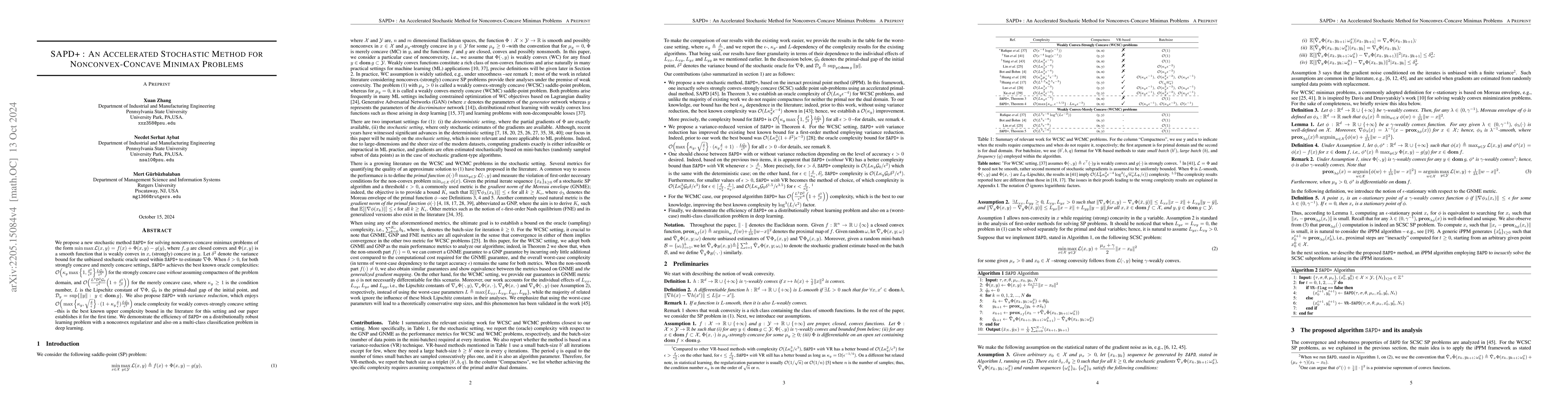Thumbnail for SAPD+: An Accelerated Stochastic Method for Nonconvex-Concave Minimax
  Problems