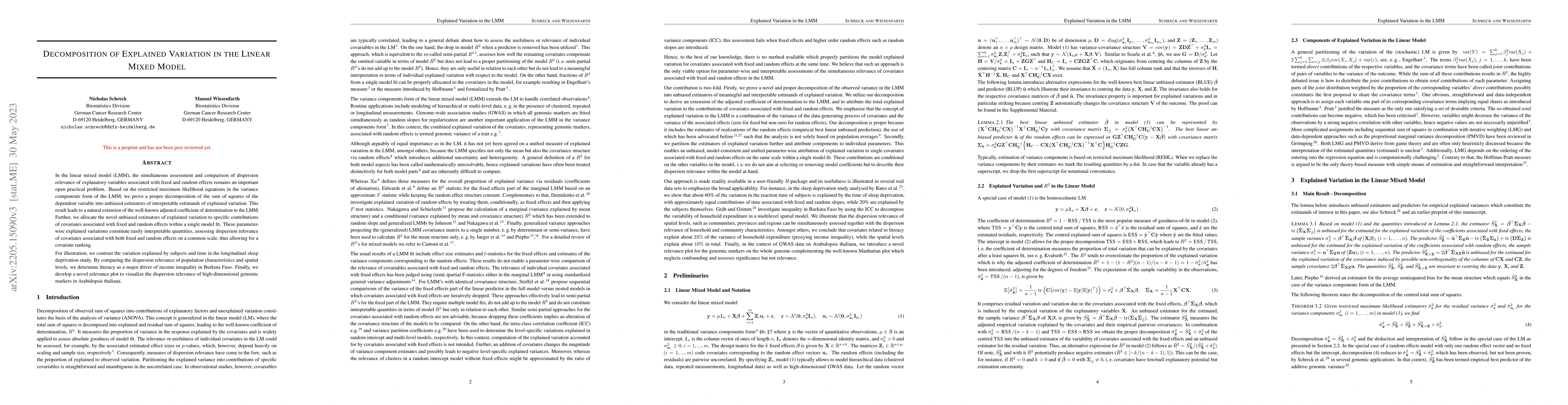 Thumbnail for Decomposition of Explained Variation in the Linear Mixed Model