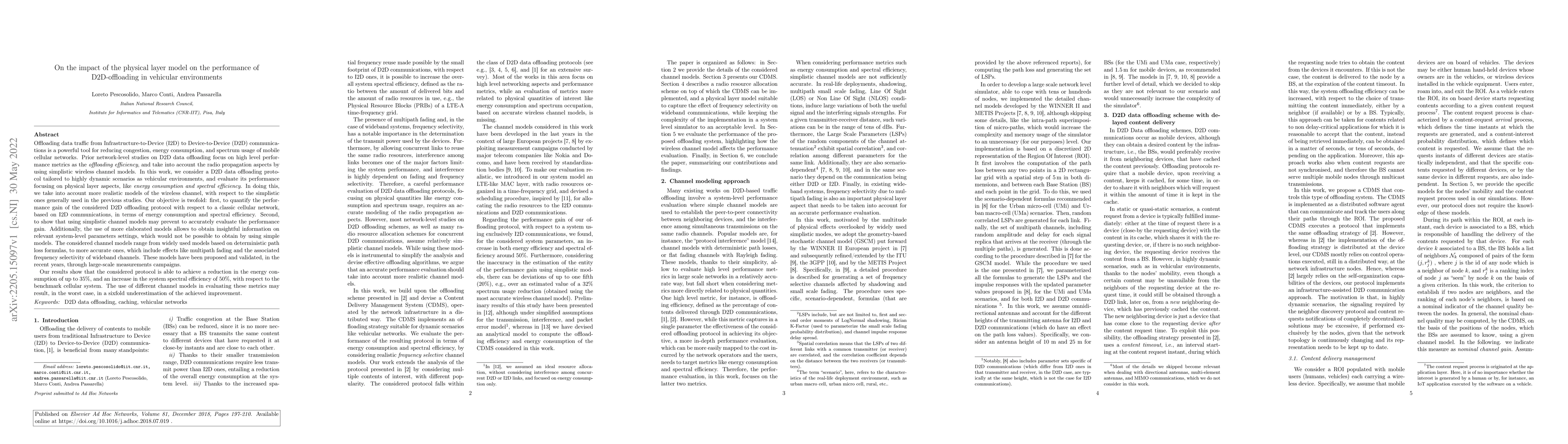 Thumbnail for On the impact of the physical layer model on the performance of
  D2D-offloading in vehicular environments