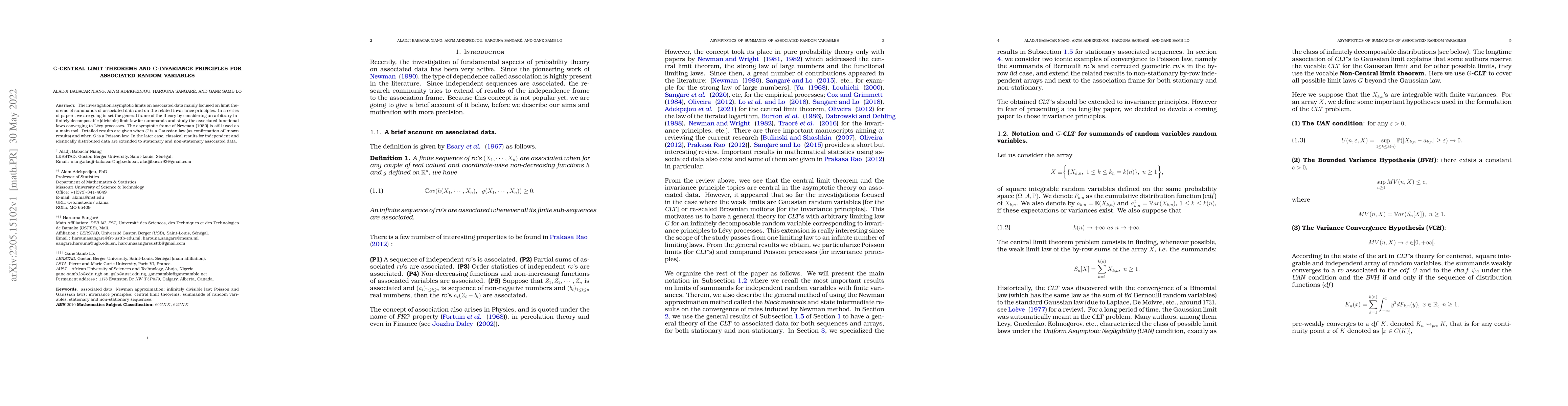 Thumbnail for $\mathbf{G}$-Central limit theorems and $\mathbf{G}$-invariance
  principles for associated random variables