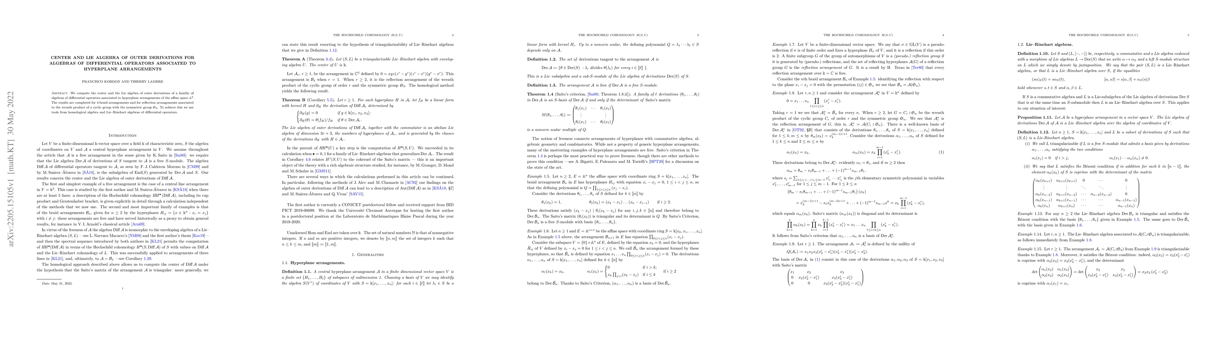 Thumbnail for Center and Lie algebra of outer derivations for algebras of differential
  operators associated to hyperplane arrangements