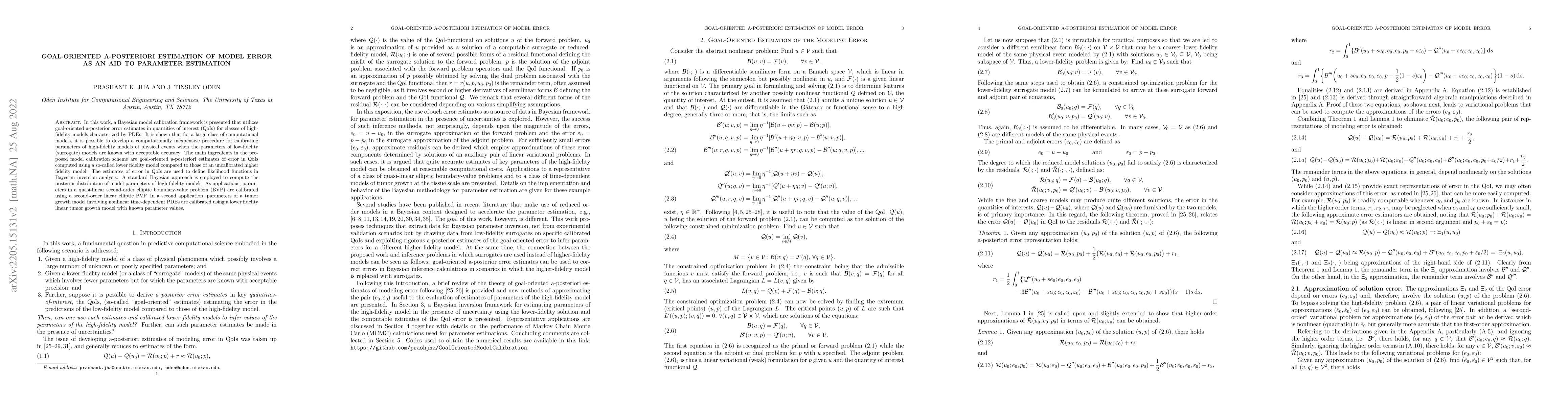 Thumbnail for Goal-Oriented A-Posteriori Estimation of Model Error as an Aid to
  Parameter Estimation