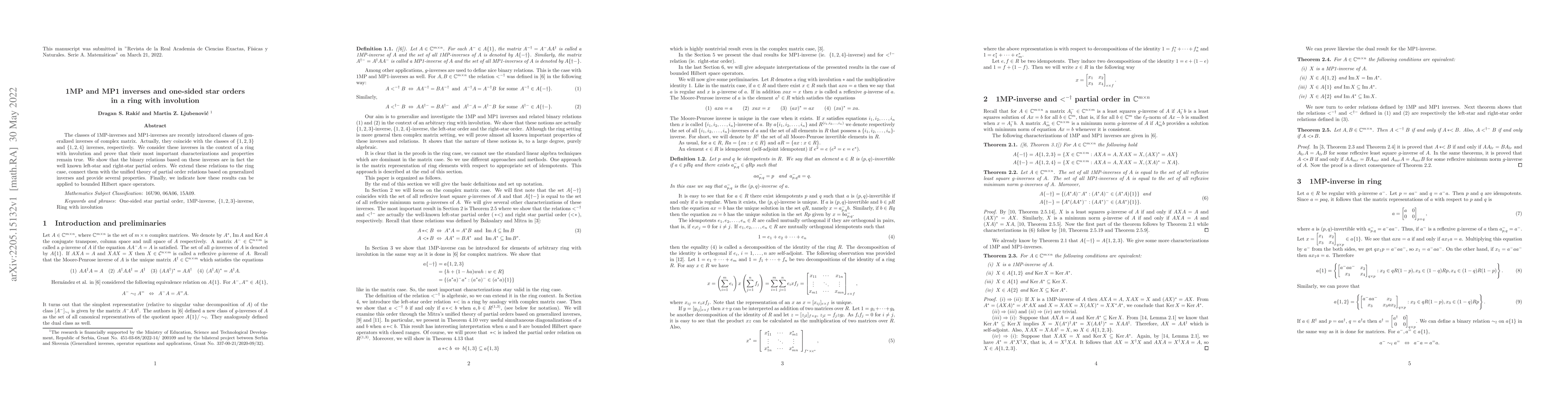 Thumbnail for 1MP and MP1 inverses and one-sided star orders in a ring with involution