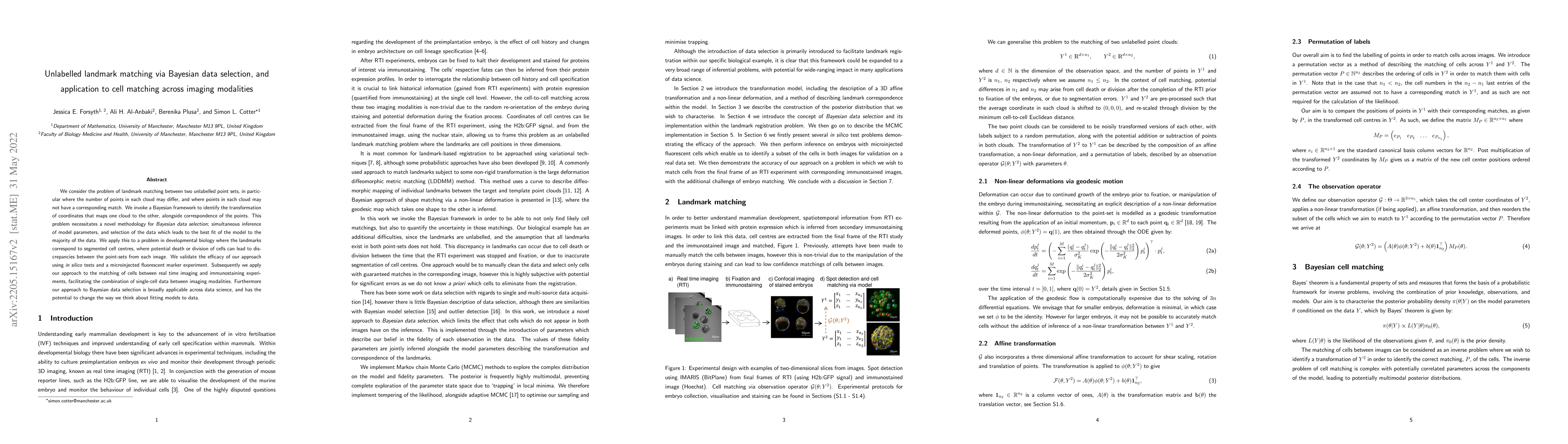 Thumbnail for Unlabelled landmark matching via Bayesian data selection, and
  application to cell matching across imaging modalities
