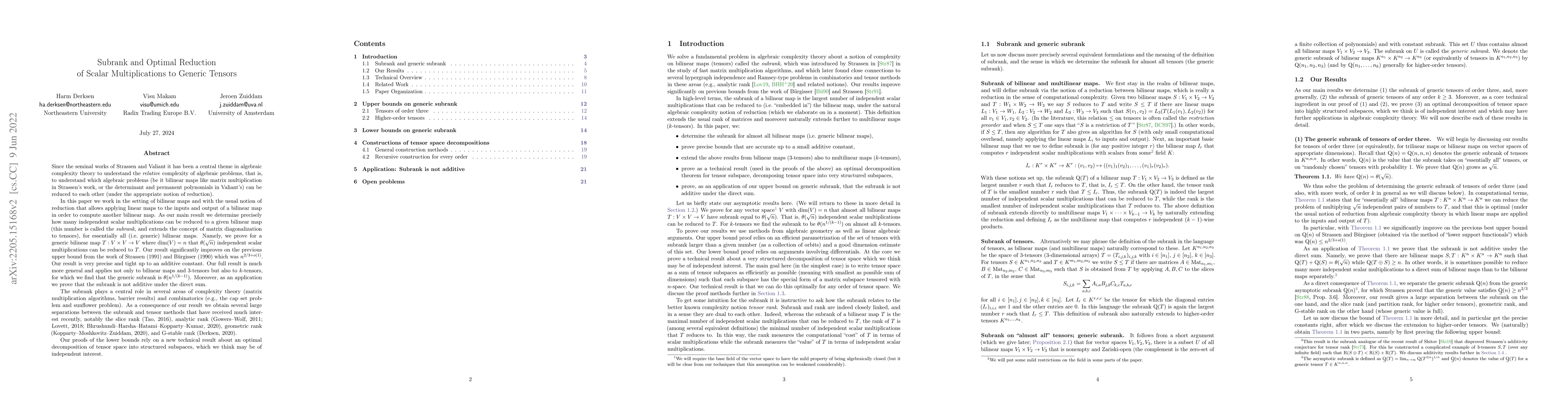 Thumbnail for Subrank and Optimal Reduction of Scalar Multiplications to Generic
  Tensors