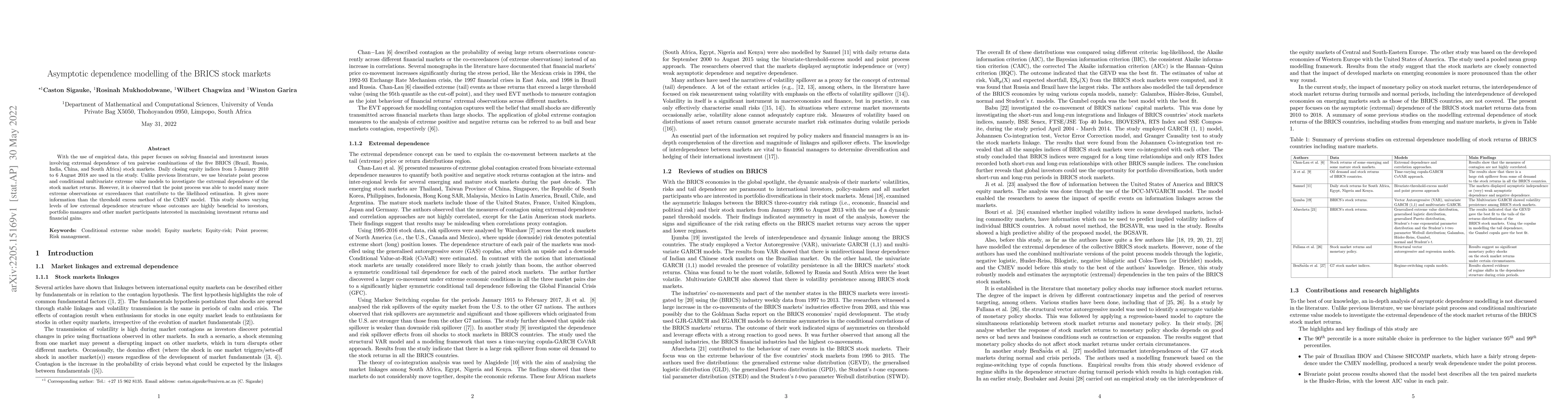 Thumbnail for Asymptotic dependence modelling of the BRICS stock markets