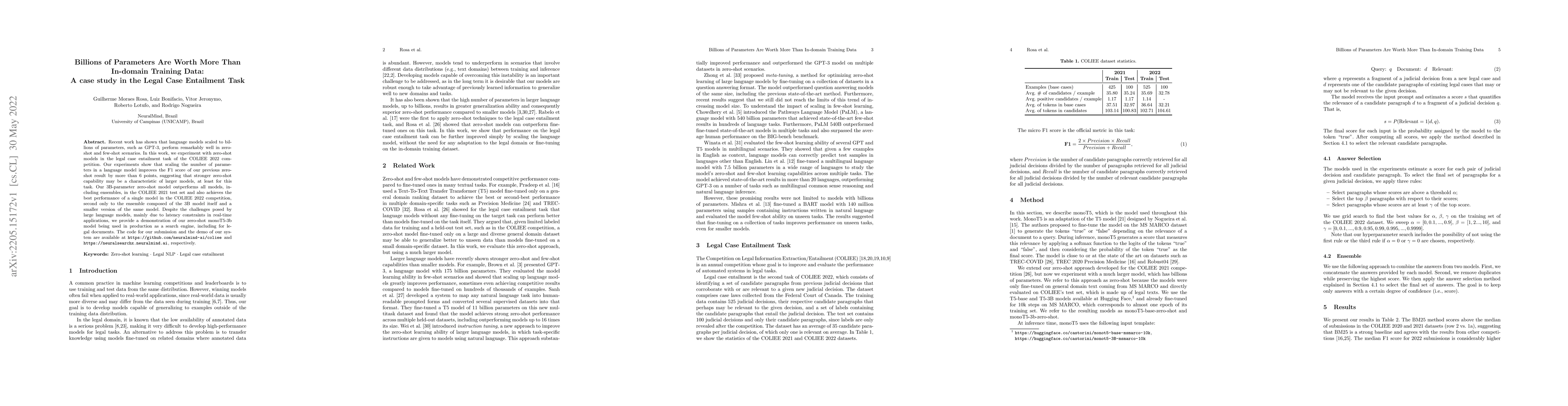 Thumbnail for Billions of Parameters Are Worth More Than In-domain Training Data: A
  case study in the Legal Case Entailment Task