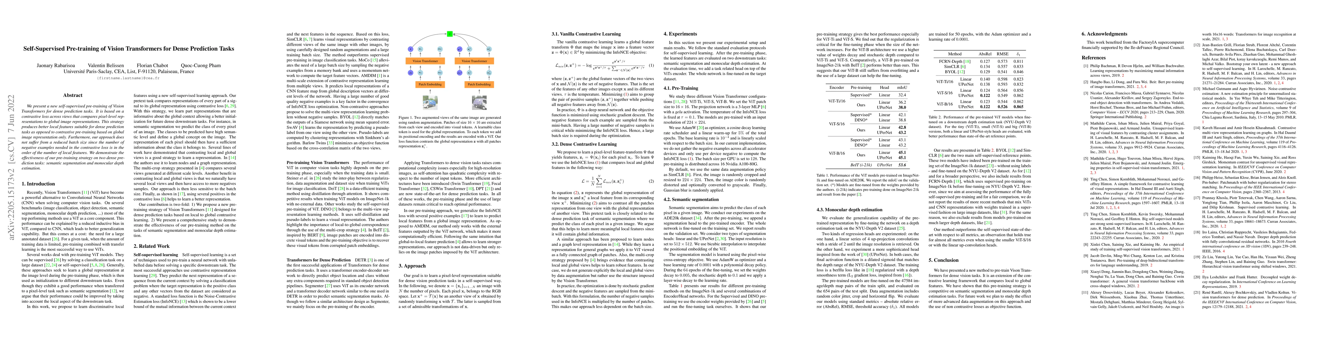 Thumbnail for Self-Supervised Pre-training of Vision Transformers for Dense Prediction
  Tasks