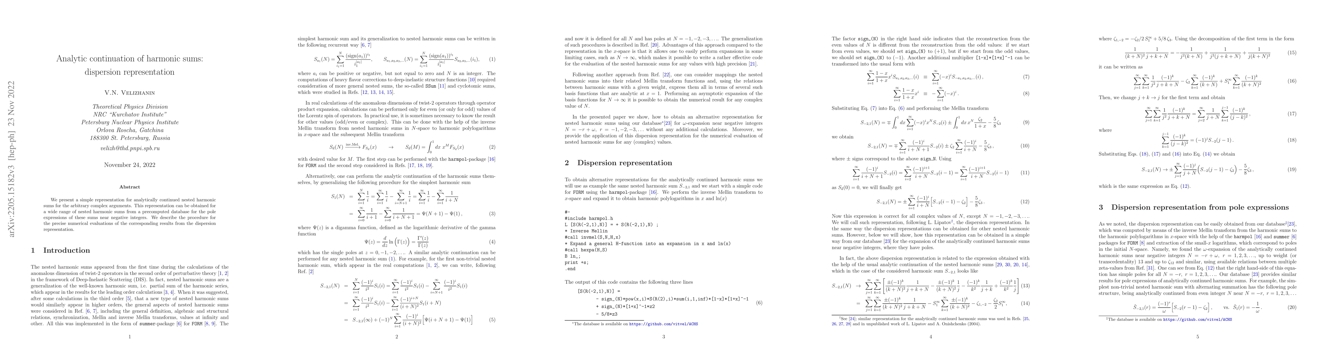 Thumbnail for Analytic continuation of harmonic sums: dispersion representation