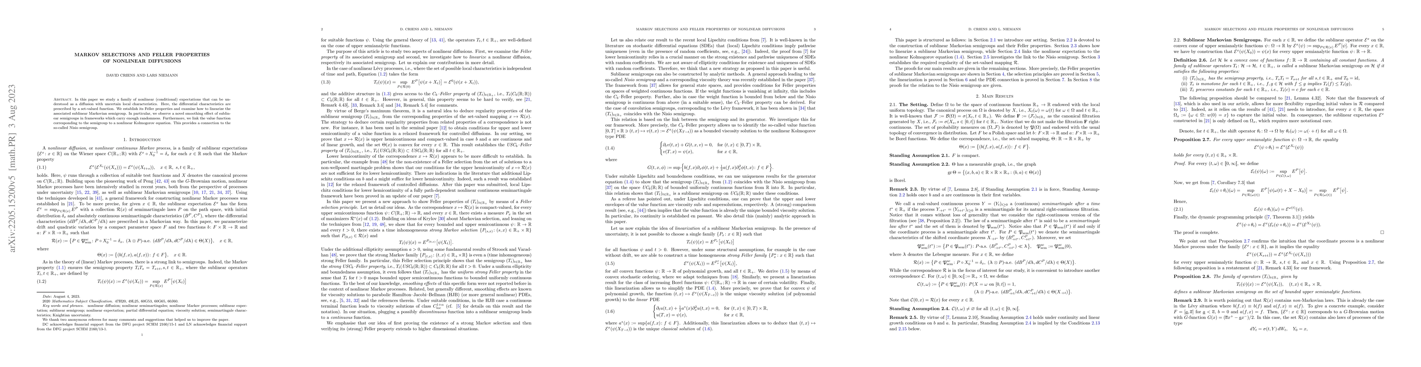 Thumbnail for Markov selections and Feller properties of nonlinear diffusions