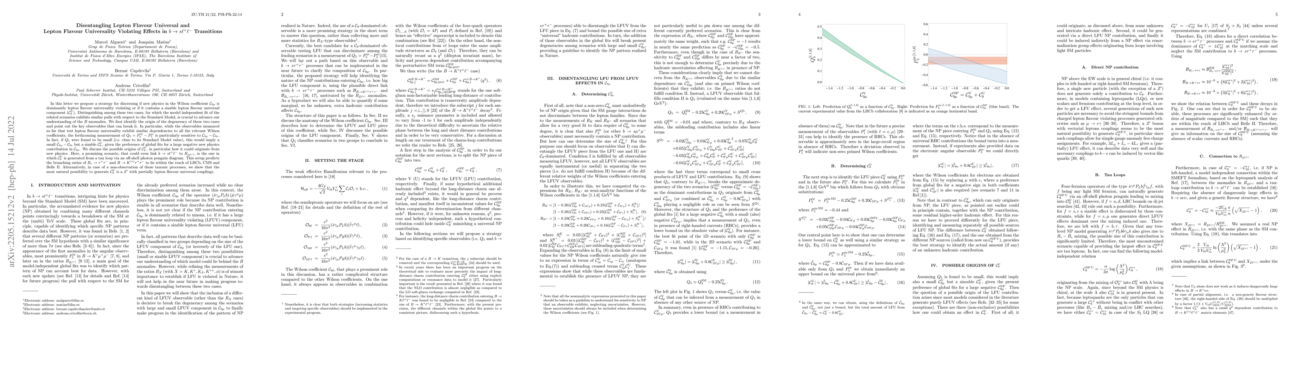 Thumbnail for Disentangling Lepton Flavour Universal and Lepton Flavour Universality
  Violating Effects in $b\to s\ell^+\ell^-$ Transitions