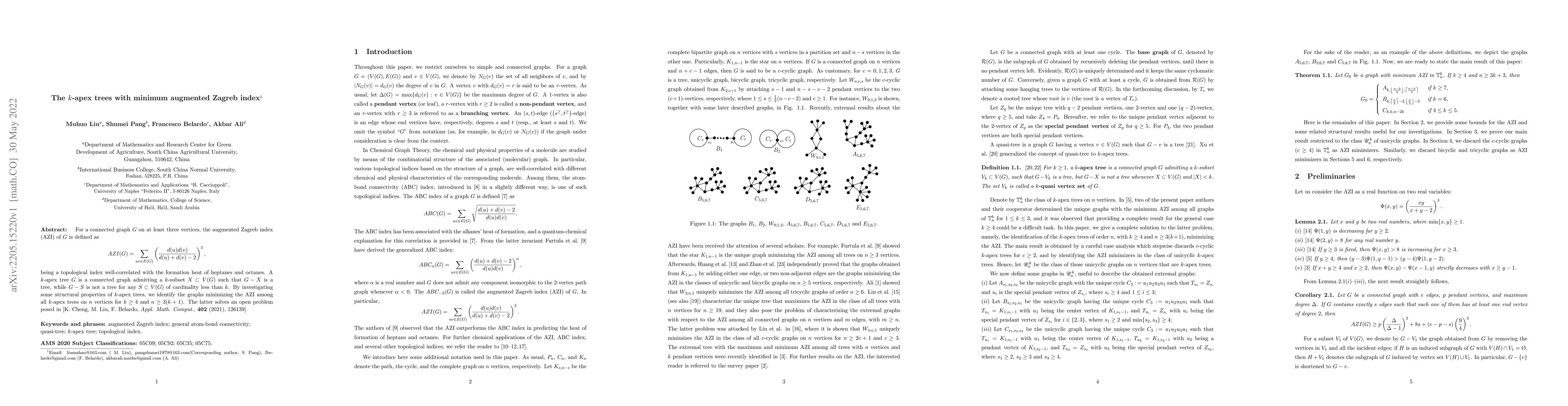 Thumbnail for The $k$-apex trees with minimum augmented Zagreb index
