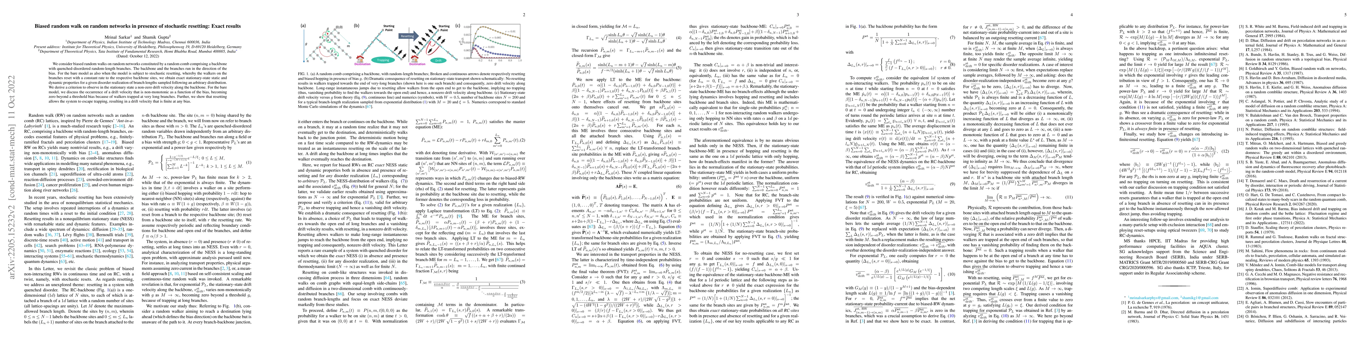 Thumbnail for Biased random walk on random networks in presence of stochastic
  resetting: Exact results