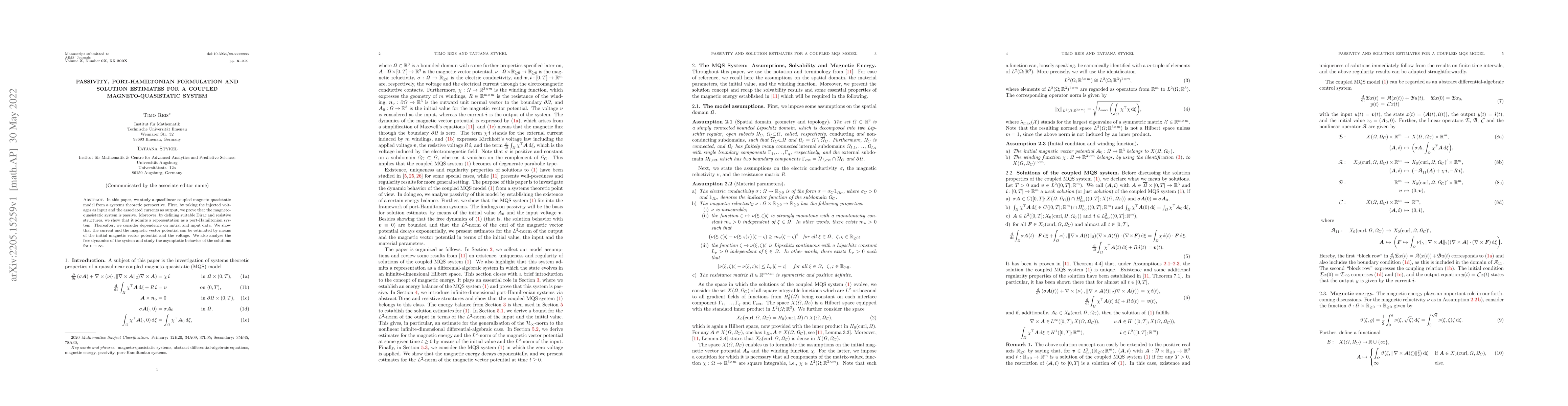 Thumbnail for Passivity, Port-Hamiltonian Formulation and Solution Estimates for a
  Coupled Magneto-Quasistatic System