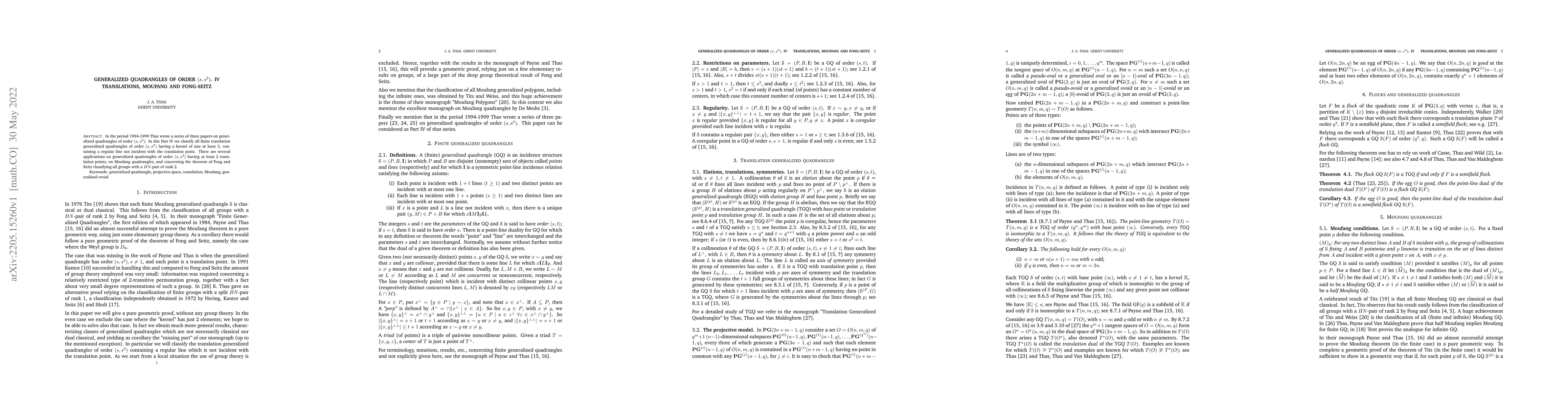 Thumbnail for Generalized Quadrangles Of Order $(s, s^2)$. IV. Translations, Moufang
  And Fong-Seitz