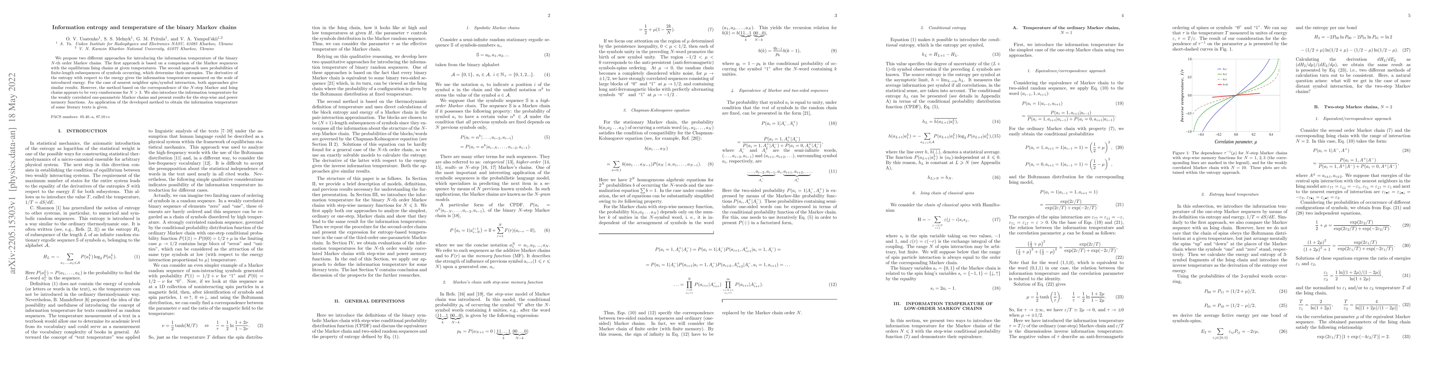 Thumbnail for Information entropy and temperature of the binary Markov chains