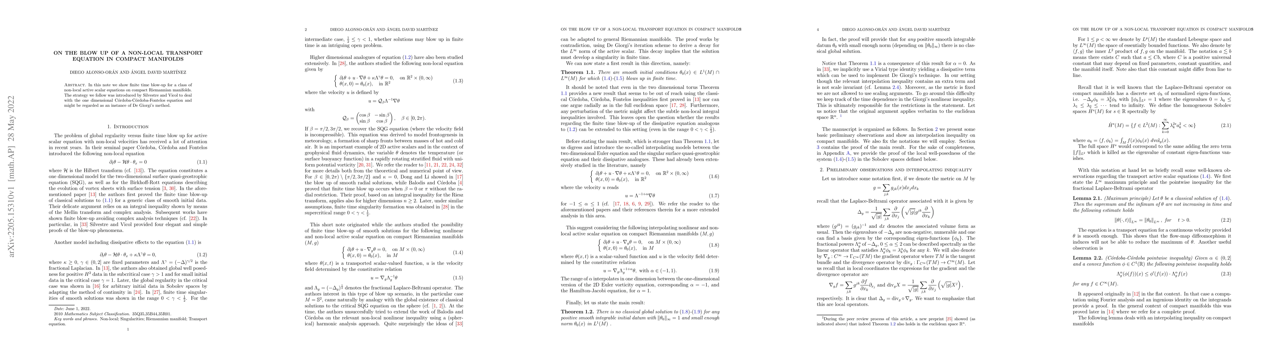 Thumbnail for On the blow up of a non-local transport equation in compact manifolds