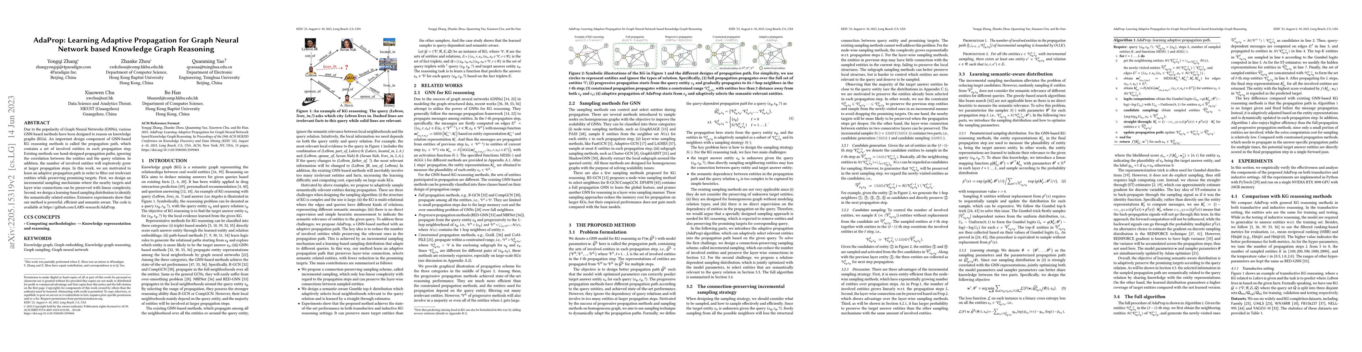 Thumbnail for AdaProp: Learning Adaptive Propagation for Graph Neural Network based
  Knowledge Graph Reasoning