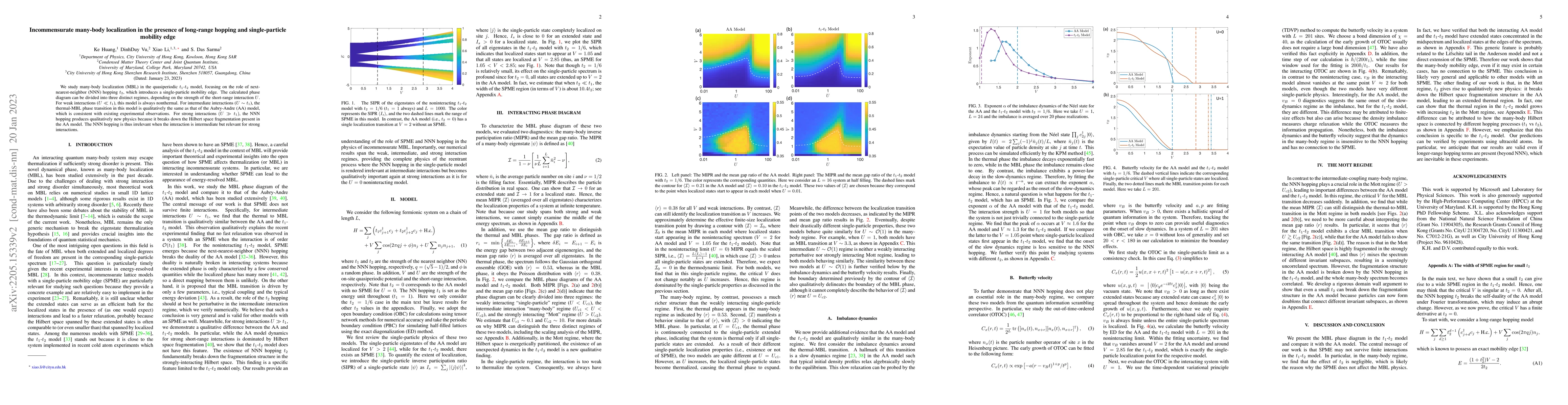Thumbnail for Incommensurate many-body localization in the presence of long-range
  hopping and single-particle mobility edge