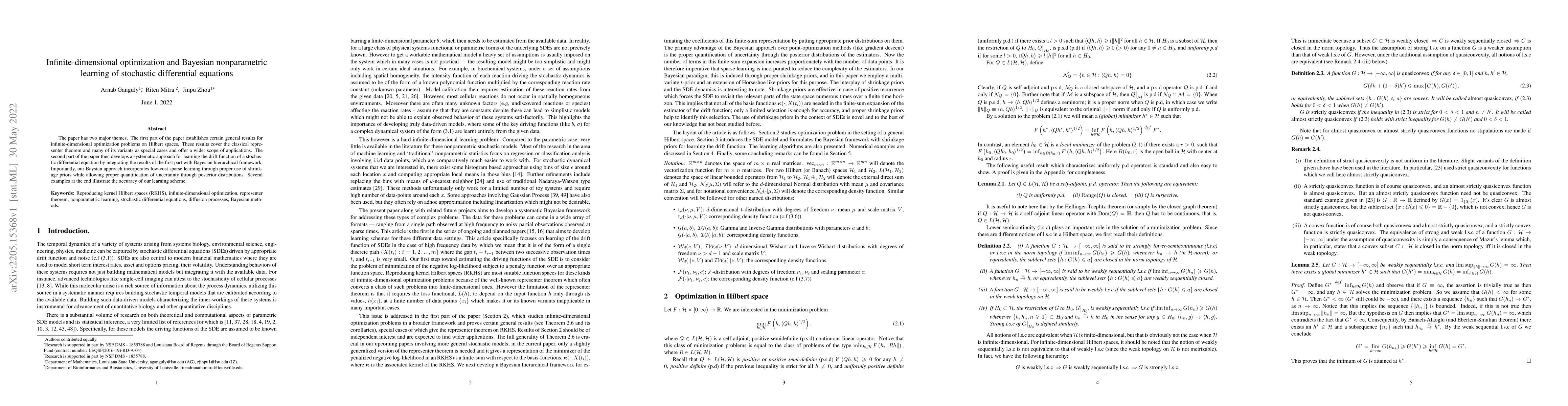 Thumbnail for Infinite-dimensional optimization and Bayesian nonparametric learning of
  stochastic differential equations