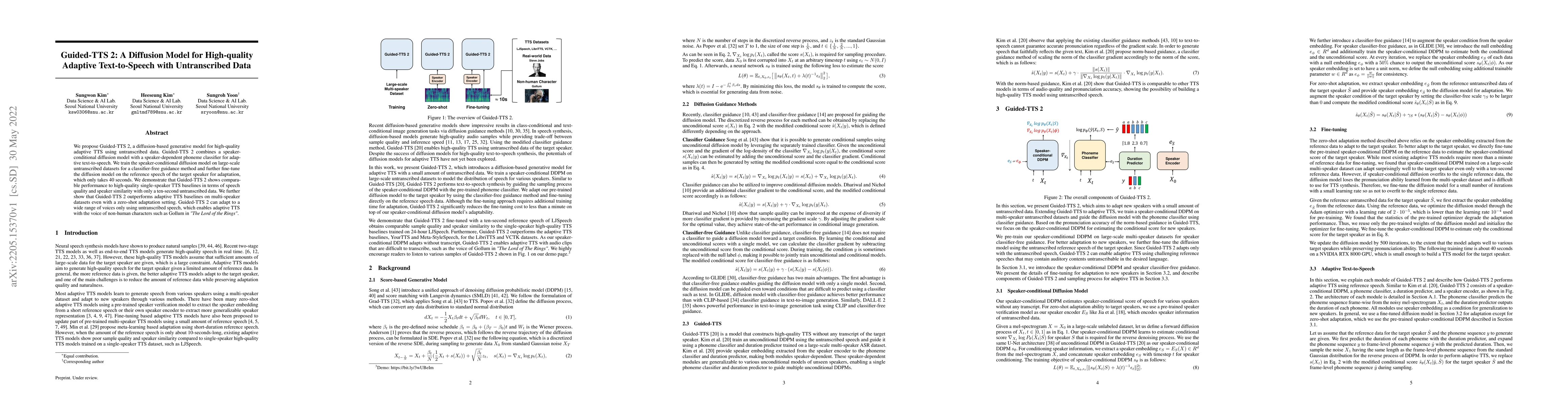 Thumbnail for Guided-TTS 2: A Diffusion Model for High-quality Adaptive Text-to-Speech
  with Untranscribed Data