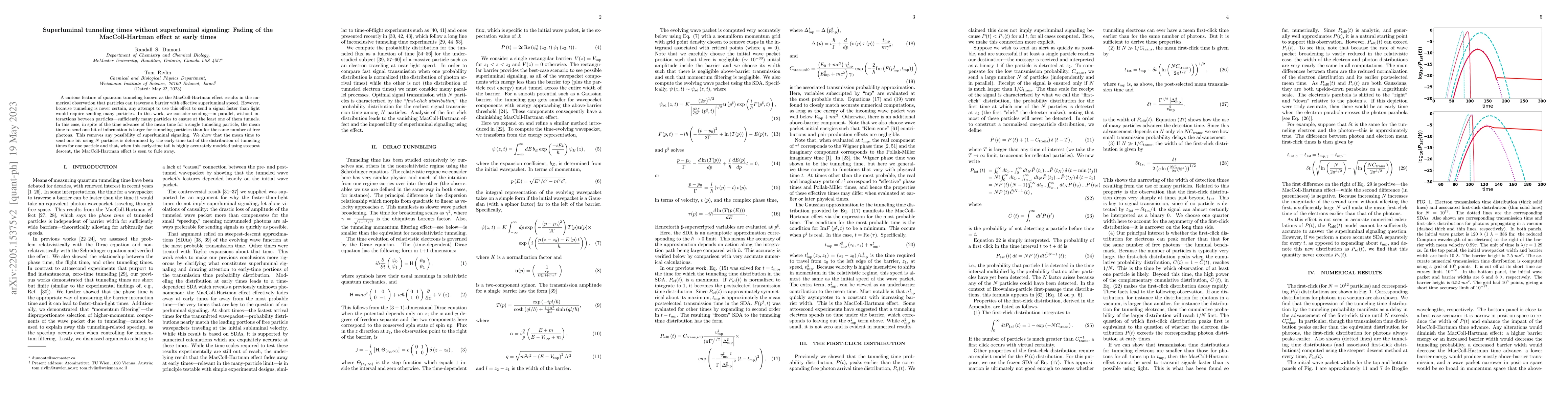 Thumbnail for Superluminal tunneling times without superluminal signaling: Fading of
  the MacColl-Hartman effect at early times