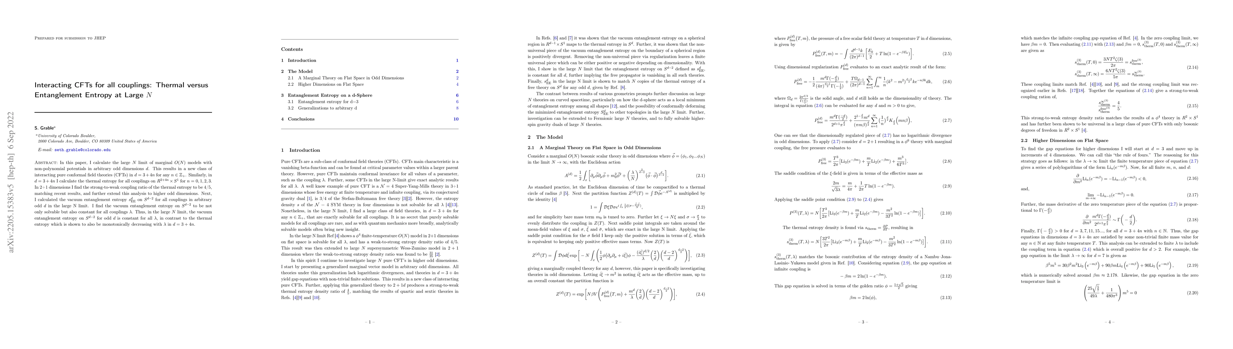 Thumbnail for Interacting CFTs for all couplings: Thermal versus Entanglement Entropy
  at Large $N$
