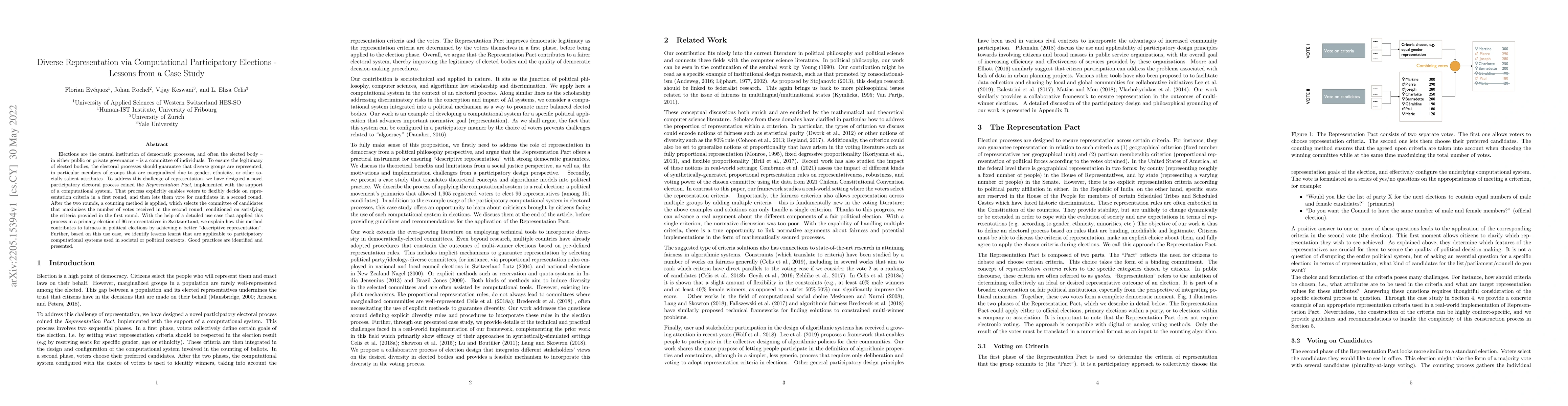 Thumbnail for Diverse Representation via Computational Participatory Elections --
  Lessons from a Case Study