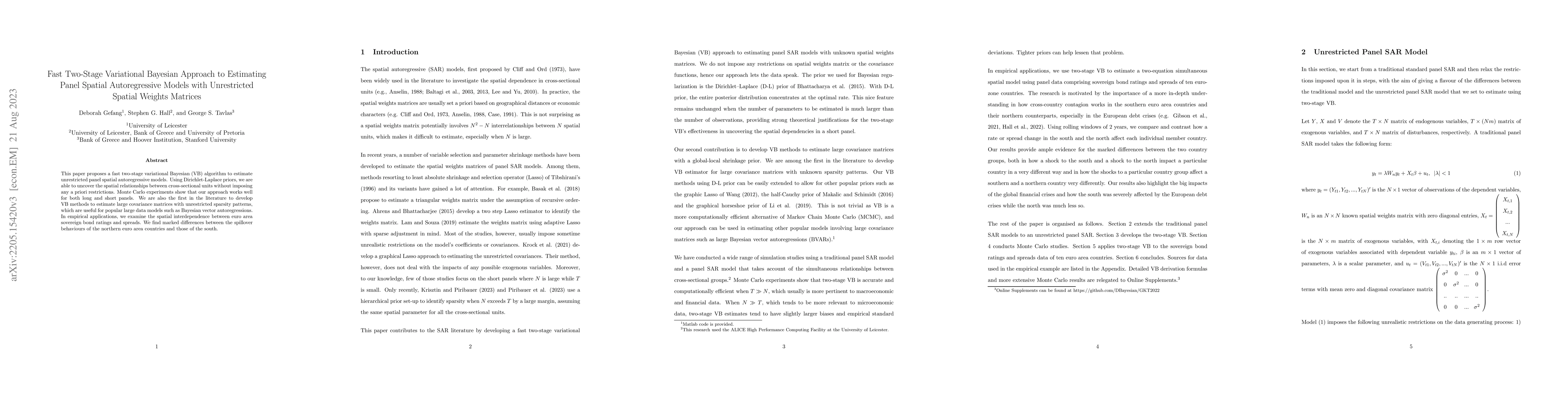 Thumbnail for Fast Two-Stage Variational Bayesian Approach to Estimating Panel Spatial
  Autoregressive Models with Unrestricted Spatial Weights Matrices
