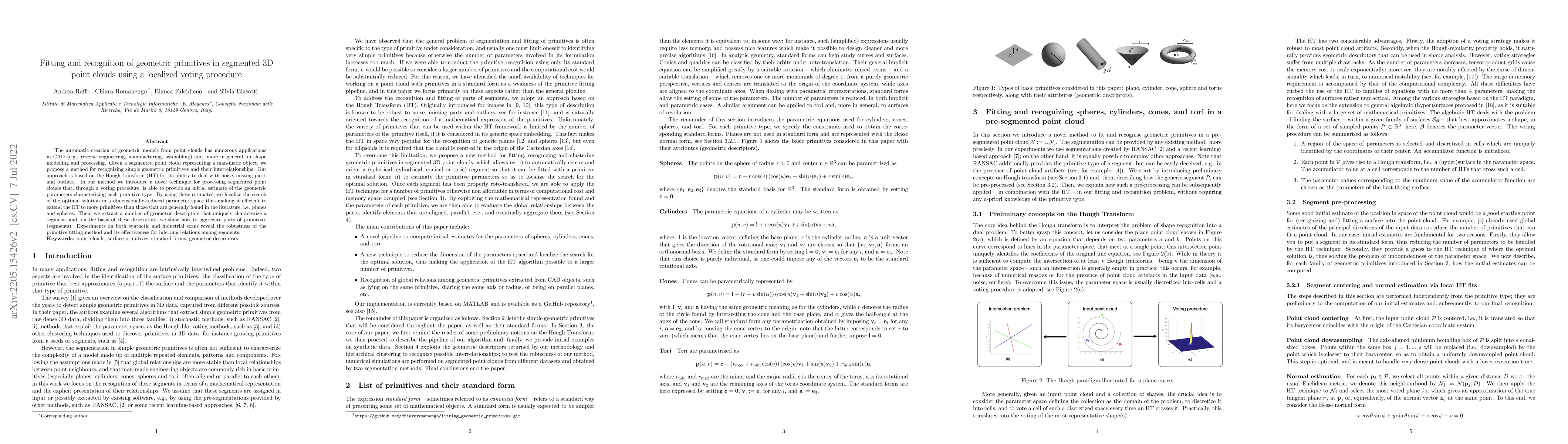 Thumbnail for Fitting and recognition of geometric primitives in segmented 3D point
  clouds using a localized voting procedure