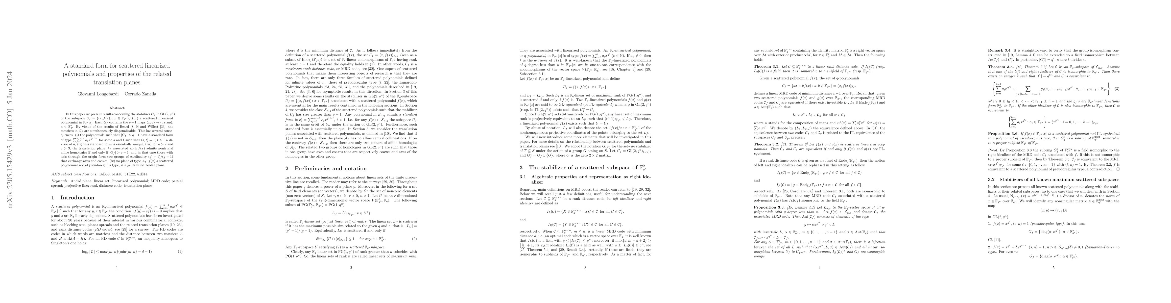 Thumbnail for A standard form for scattered linearized polynomials and properties of
  the related translation planes