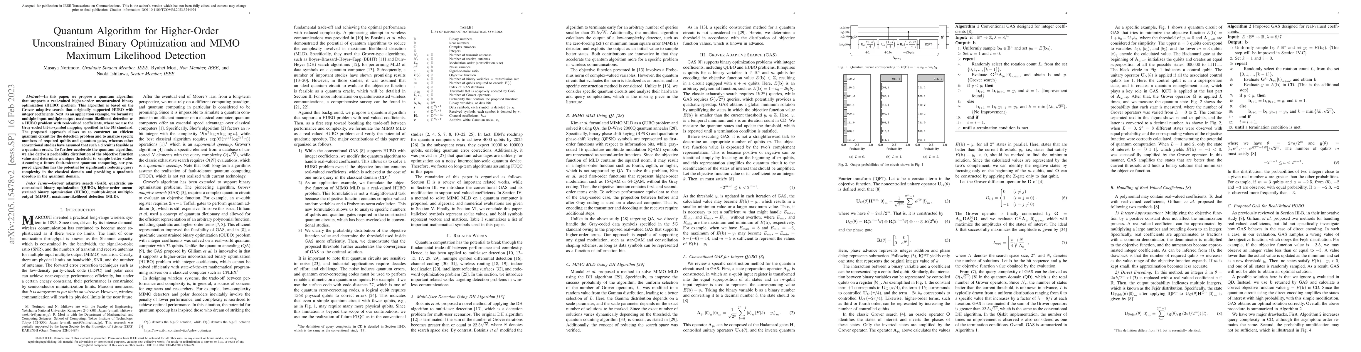 Thumbnail for Quantum Algorithm for Higher-Order Unconstrained Binary Optimization and
  MIMO Maximum Likelihood Detection