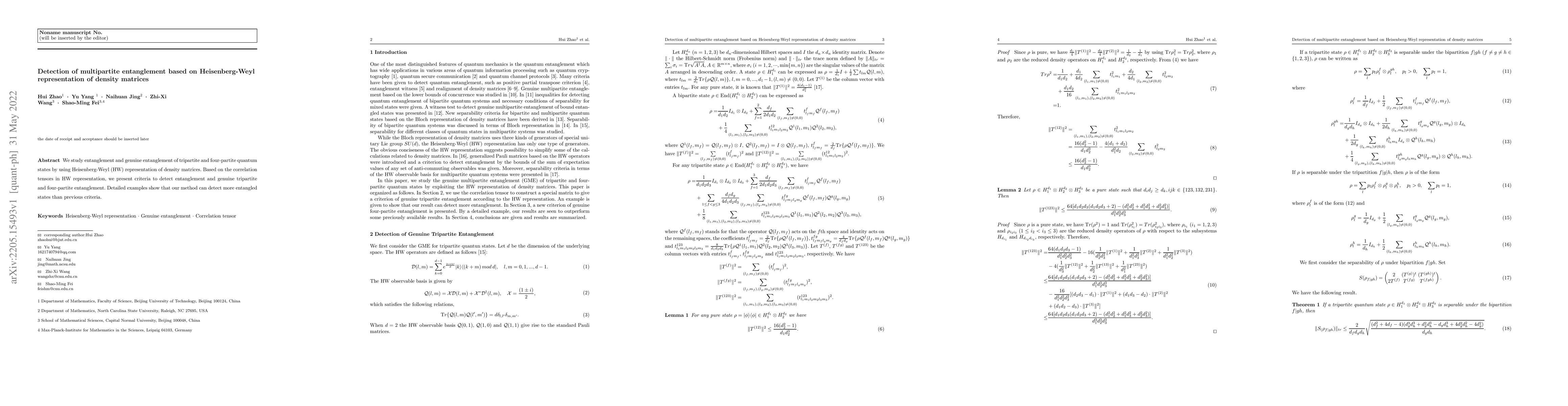 Thumbnail for Detection of multipartite entanglement based on Heisenberg-Weyl
  representation of density matrices