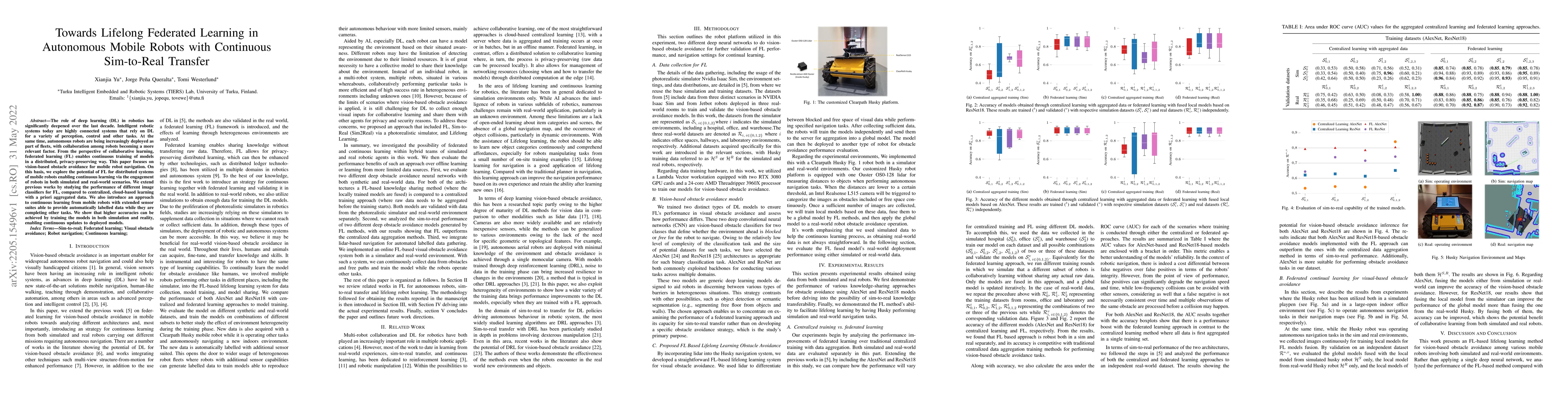 Thumbnail for Towards Lifelong Federated Learning in Autonomous Mobile Robots with
  Continuous Sim-to-Real Transfer