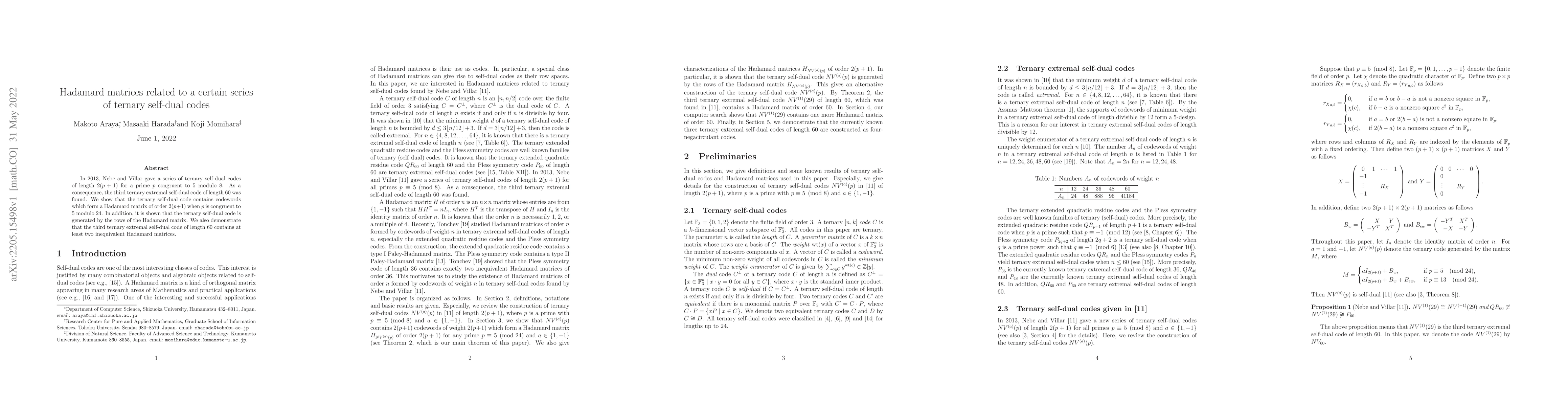 Thumbnail for Hadamard matrices related to a certain series of ternary self-dual codes