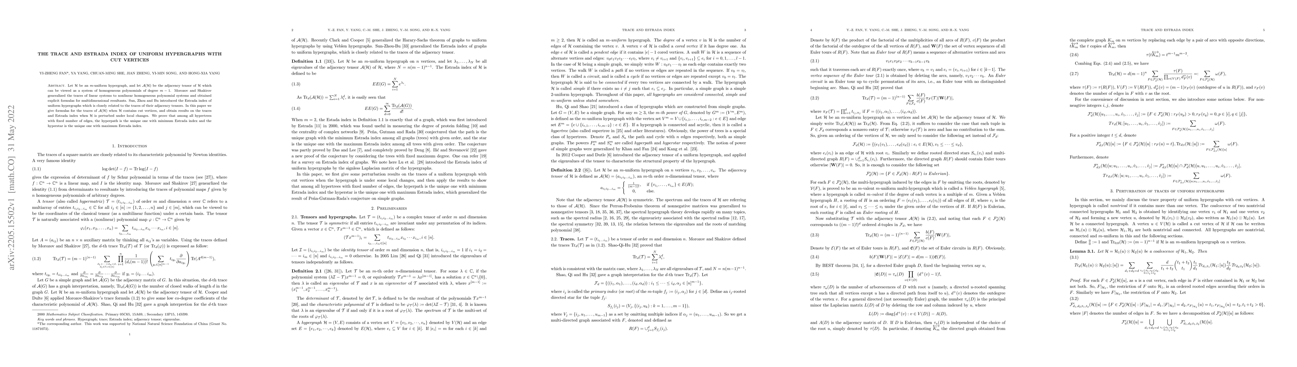 Thumbnail for The trace and Estrada index of uniform hypergraphs with cut vertices