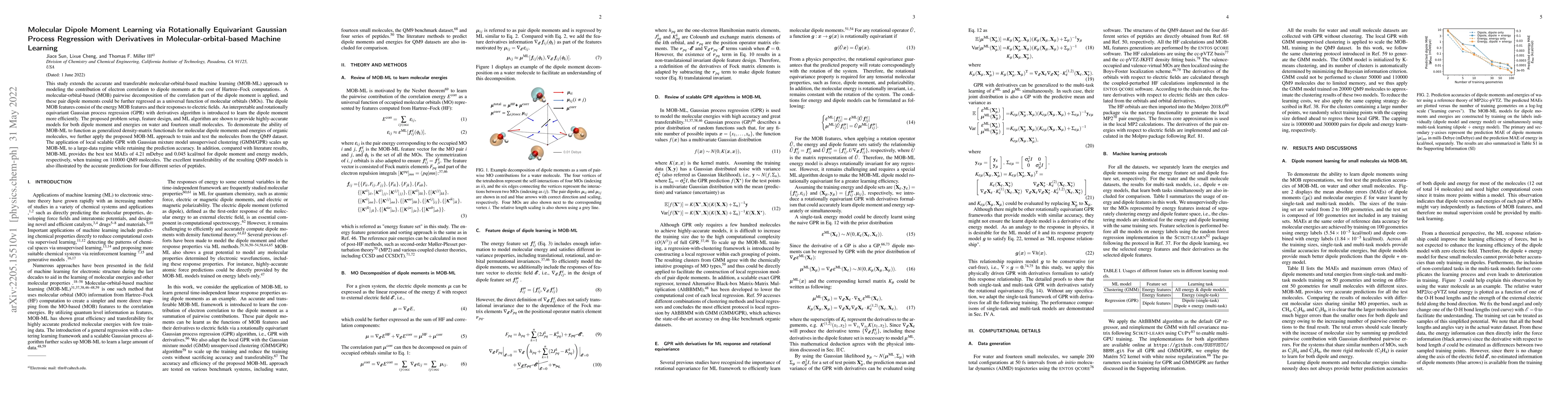 Thumbnail for Molecular Dipole Moment Learning via Rotationally Equivariant Gaussian
  Process Regression with Derivatives in Molecular-orbital-based Machine
  Learning