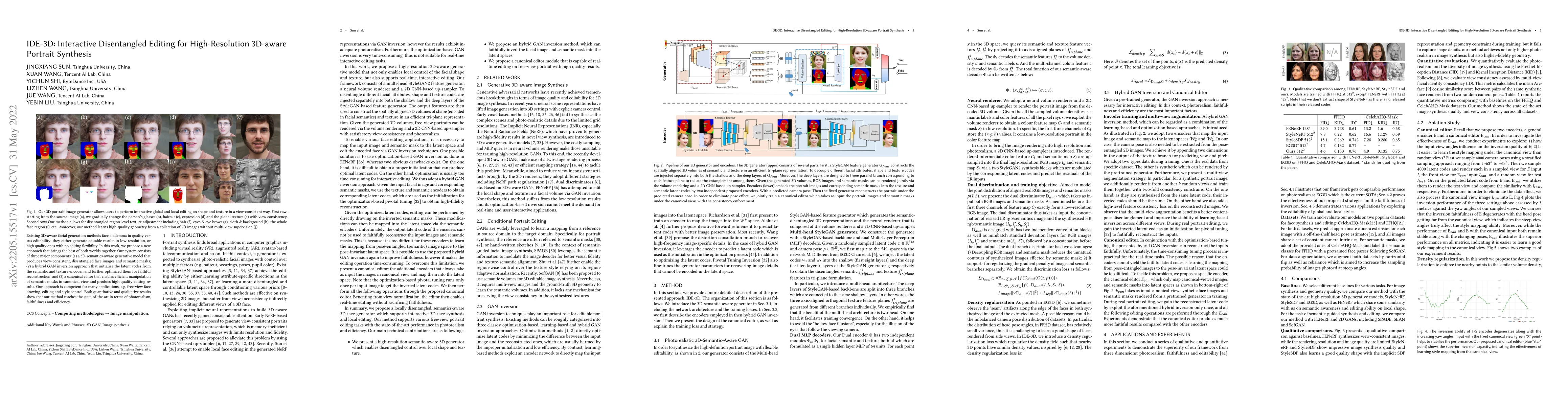 Thumbnail for IDE-3D: Interactive Disentangled Editing for High-Resolution 3D-aware
  Portrait Synthesis